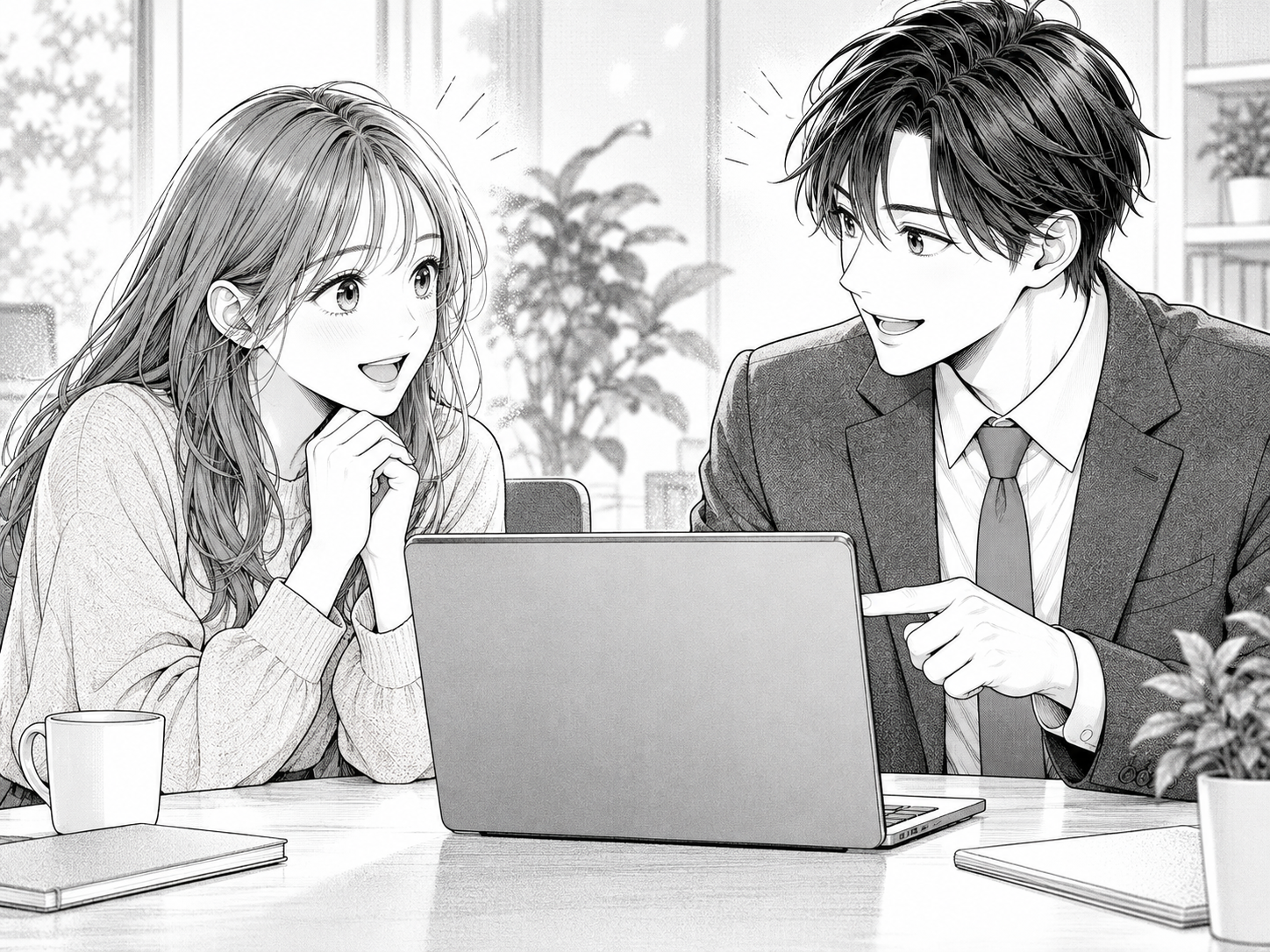 パソコンを挟み、画面を指差しながら前向きに相談する二人の白黒マンガ