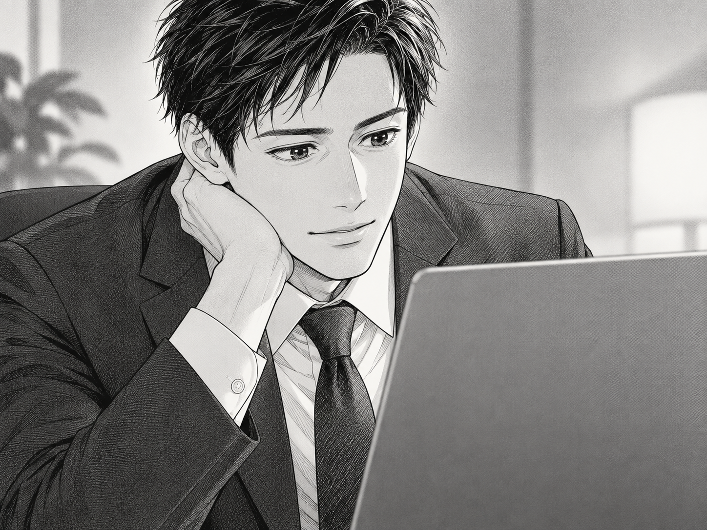 ノートパソコン越しに頬へ手を添え、真剣に話を聞く人物の白黒マンガ