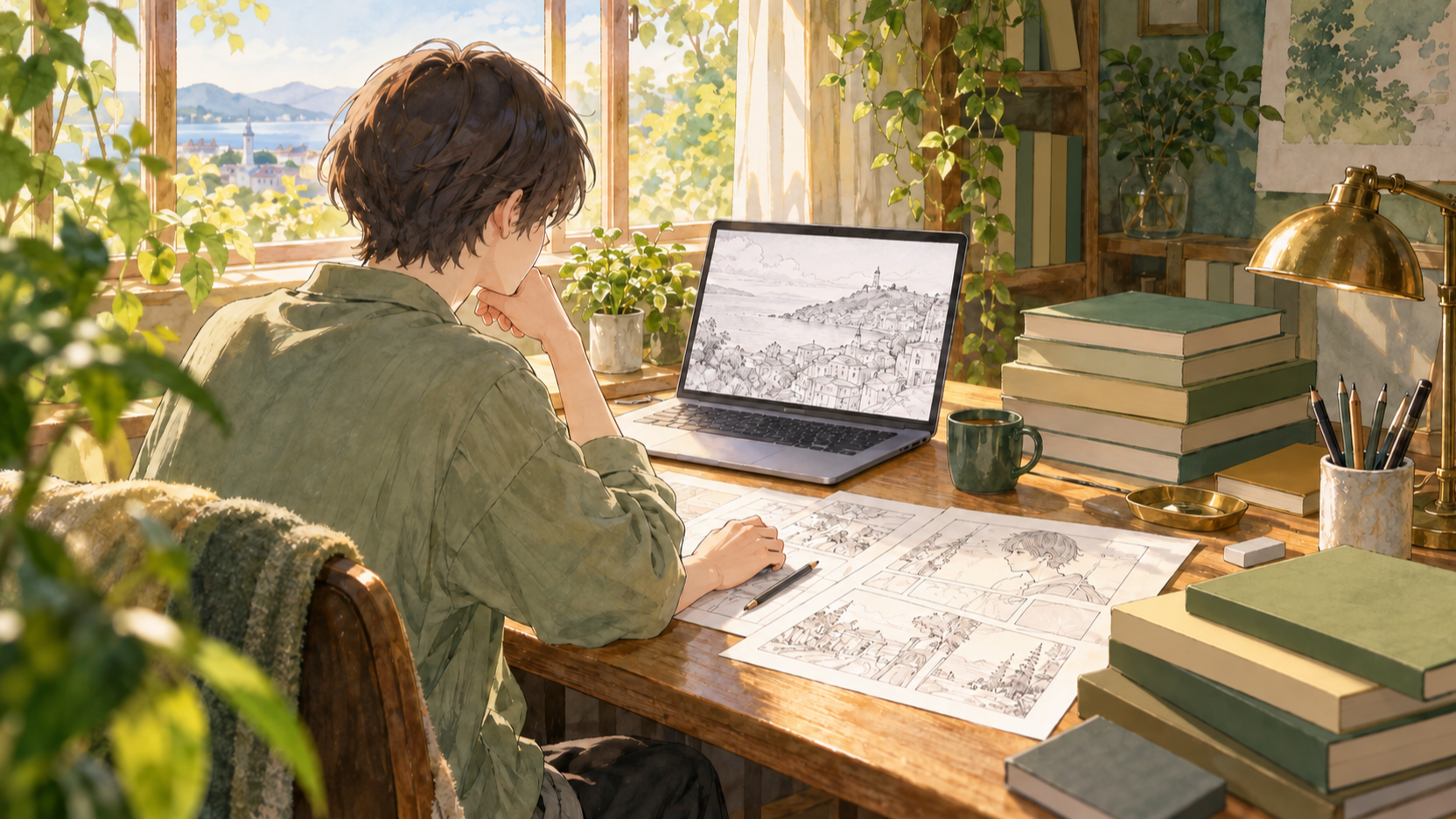 自然光の差し込む書斎で、パソコンとマンガ原稿に向かう人物の水彩イラスト