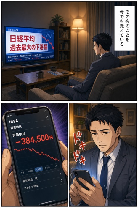 実在する既刊マンガの原稿ページ。株価下落のニュースを見てスマートフォンの資産状況を確認する人物