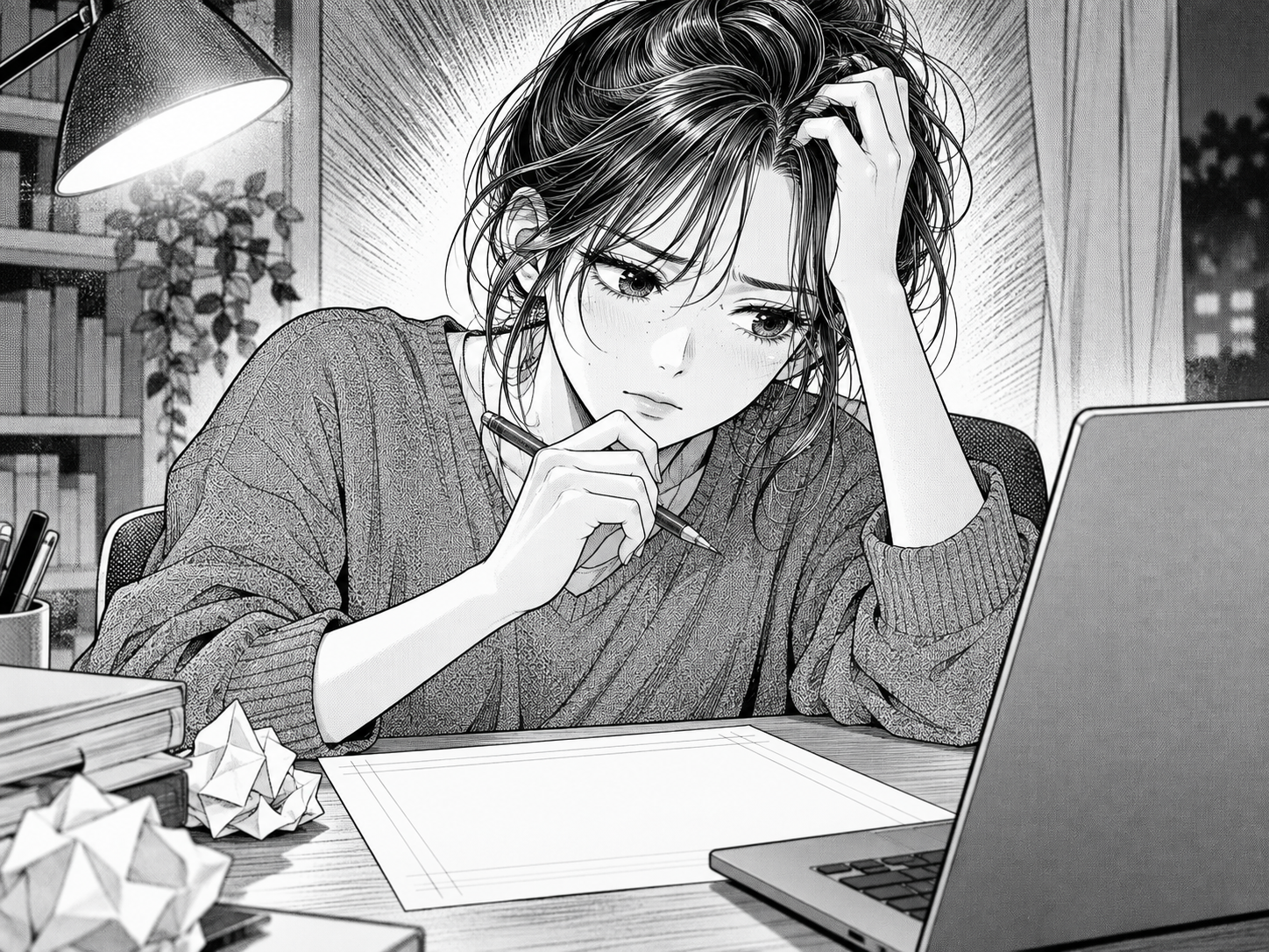 白紙のマンガ原稿とパソコンを前に、ペンを持って頭を抱える人物の白黒マンガ